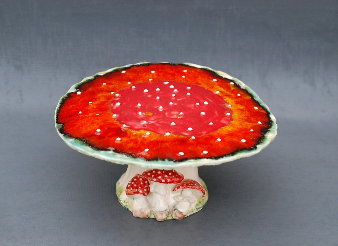 Mushroom Cake Pancakes stand Fruit bowl Fly agaric sculpture Footed plate - 其他 - 陶 多色