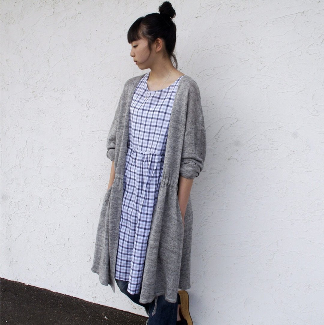 Cotton linen check sleeveless dress/gnm-21 - 洋装/连衣裙 - 棉 蓝色