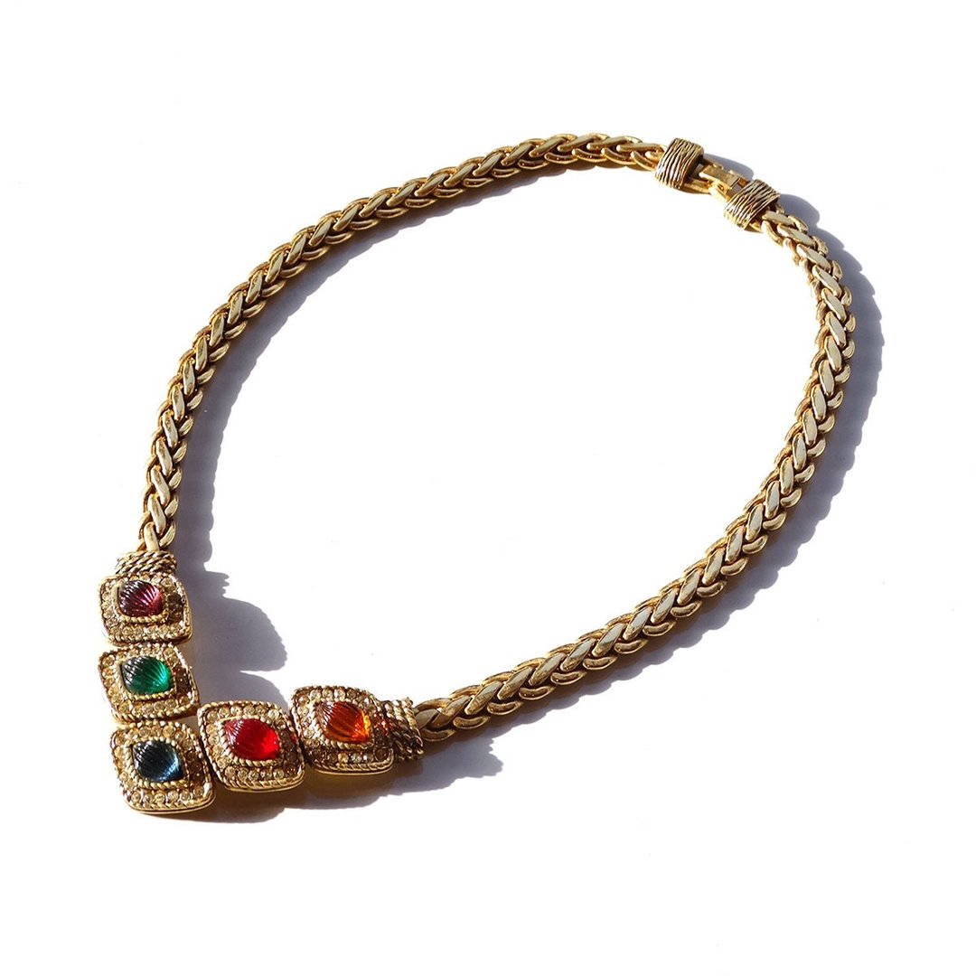 80s DOIRA vintage color glass × rhinestone necklace - 项链 - 其他金属 金色
