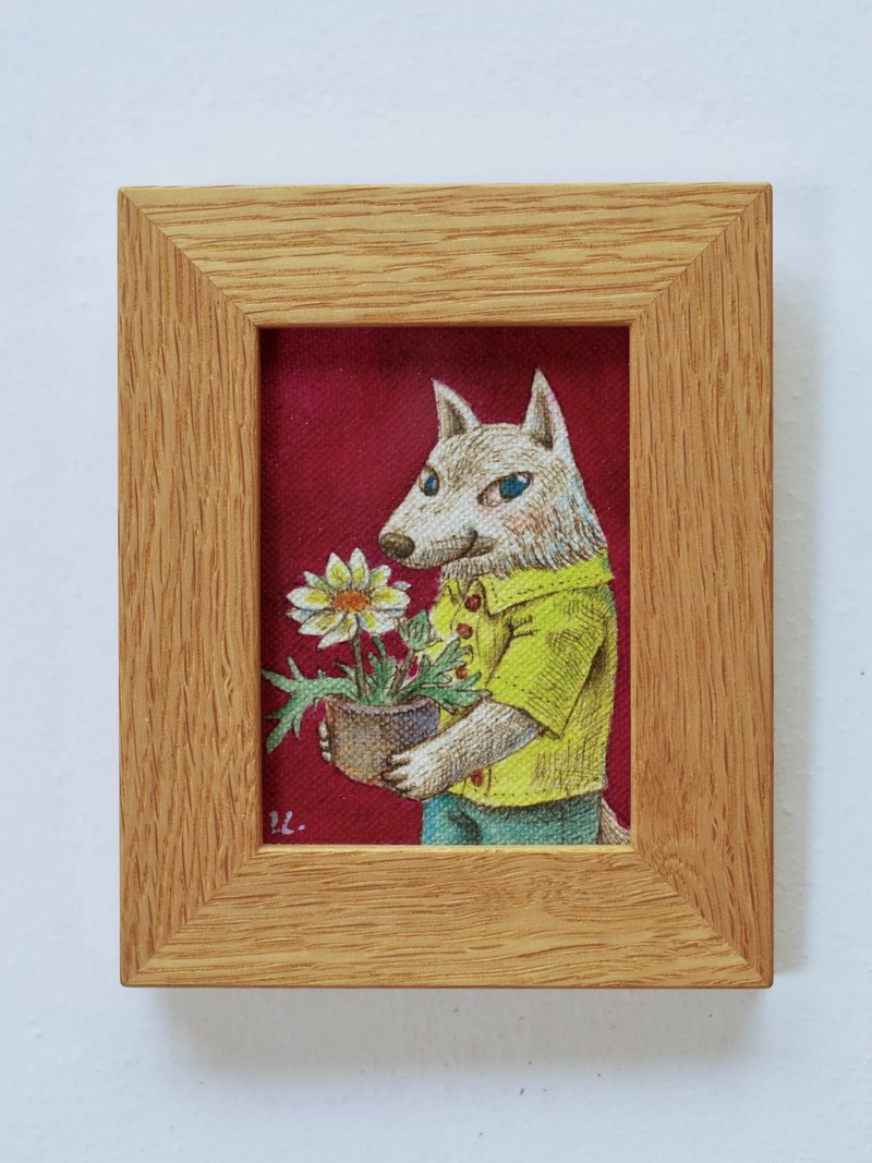 original painting  white wolf with gazania - 海报/装饰画/版画 - 棉．麻 黄色