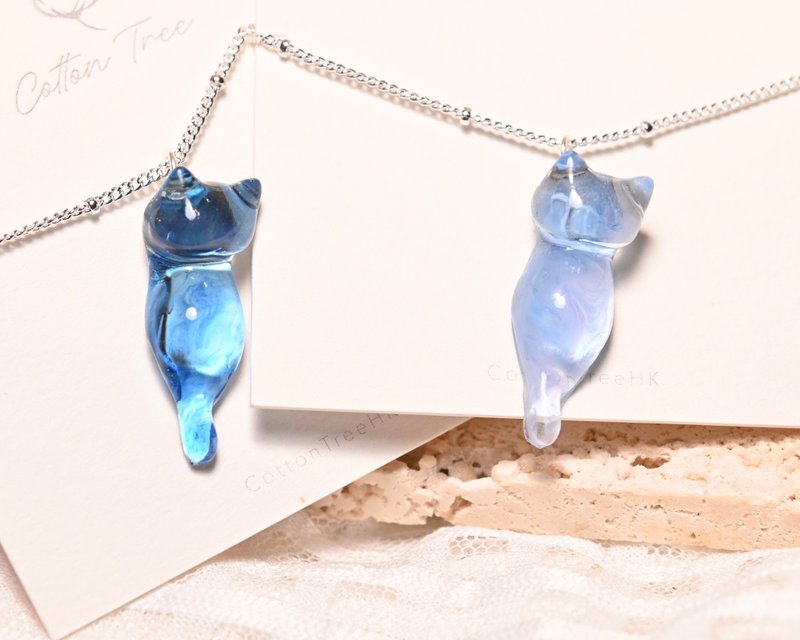 猫咪礼物、好运梦幻星空琉光猫咪 925 银锁骨链 - 项链 - 树脂 蓝色