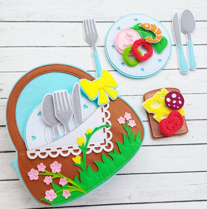 Play Food Set, Picnic Basket, Felt food breakfast, Felt sandwich, Toy food - 玩具/玩偶 - 其他材质 蓝色