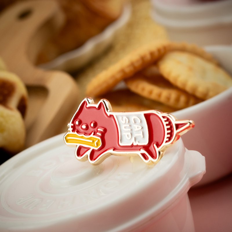 番茄酱珐琅别针 — 番茄酱猫 | 可爱食物插画 | 食物双关语 - 徽章/别针 - 其他金属 红色