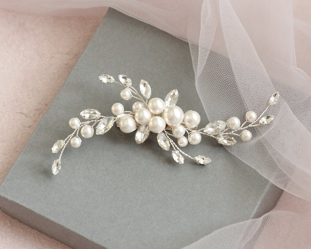Wedding hair clip / Bridal hair clip pearl / Bridal accessory for short hair - 发饰 - 玻璃 银色