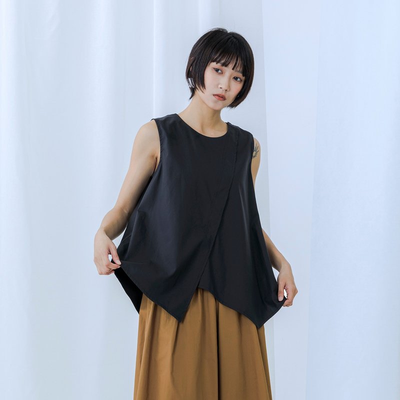 交叠不对称无袖上衣 - 女装背心 - 棉．麻 黑色