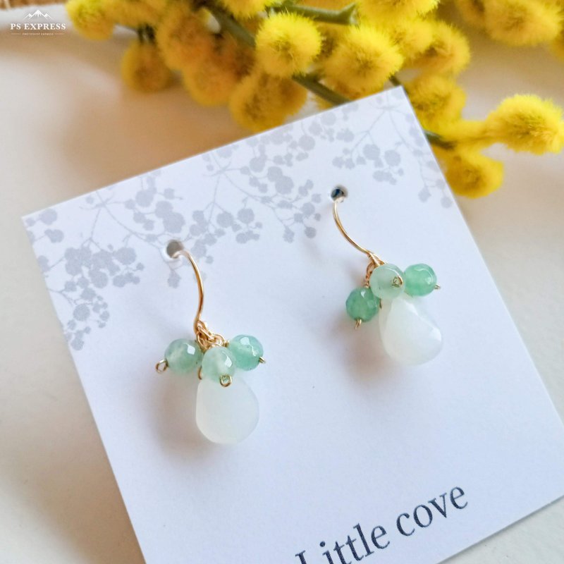 Gem Stone /14KGF    White Moonstone and Green Aventurine Earrings - 耳环/耳夹 - 半宝石 绿色