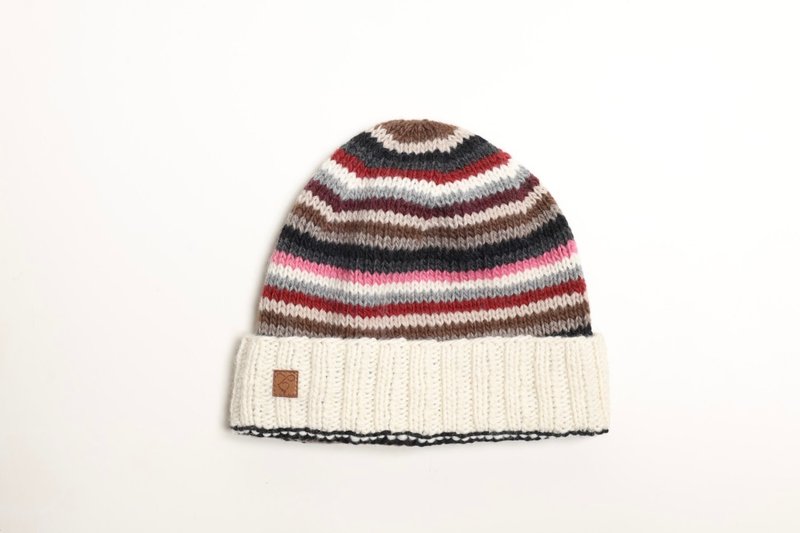 /户外/白咖横条纹配色双面翻边堆堆帽细软纯美丽诺羊毛帽反针织法 - 帽子 - 羊毛 白色