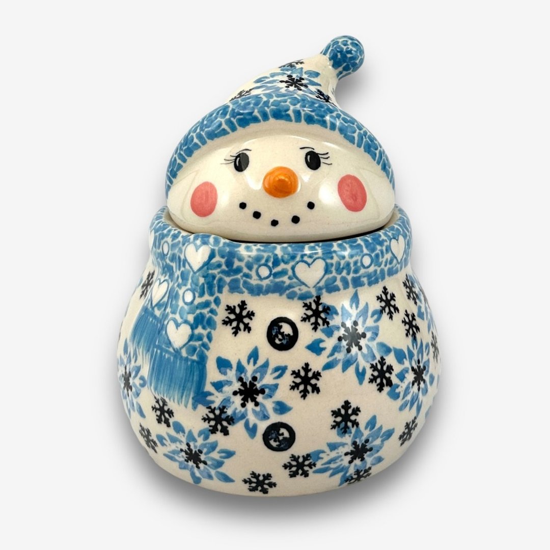 波兰手绘手工陶-雪人收纳罐 (小) 15cm 圣诞雪花系列(蓝) 入门款 - 收纳用品 - 陶 蓝色
