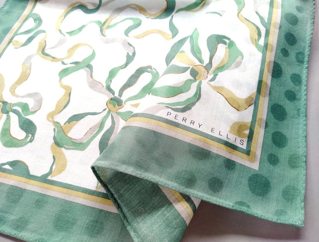 Perry Ellis Vintage Scarf Women Scarf Woven Fabric Ribbons 21 x 20  inches - 手帕/方巾 - 棉 绿色