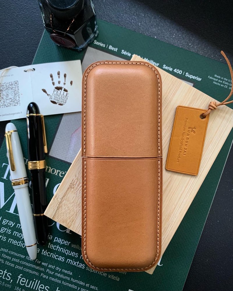 2 slots pen case in cigar case style - 笔筒/笔座 - 真皮 咖啡色