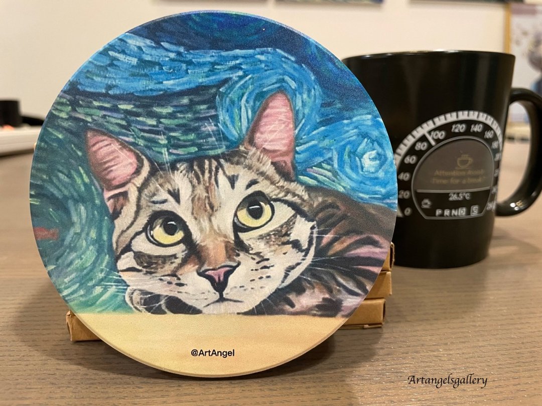 天使画廊原创油画陶瓷杯垫/梵谷/猫咪杯垫/宠物杯垫/猫咪小宇宙 - 杯垫 - 陶 
