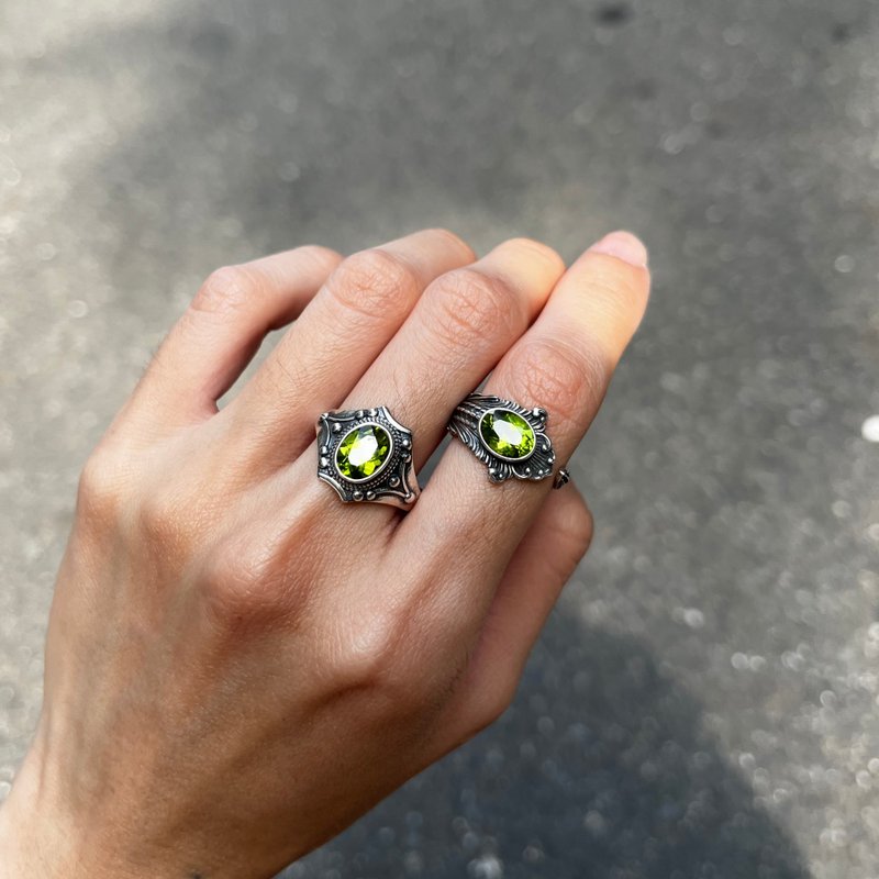 喜迎瑶 925银 橄榄石 宝石 钻切 活口 戒指 民族风 复古 男女 - 戒指 - 水晶 银色