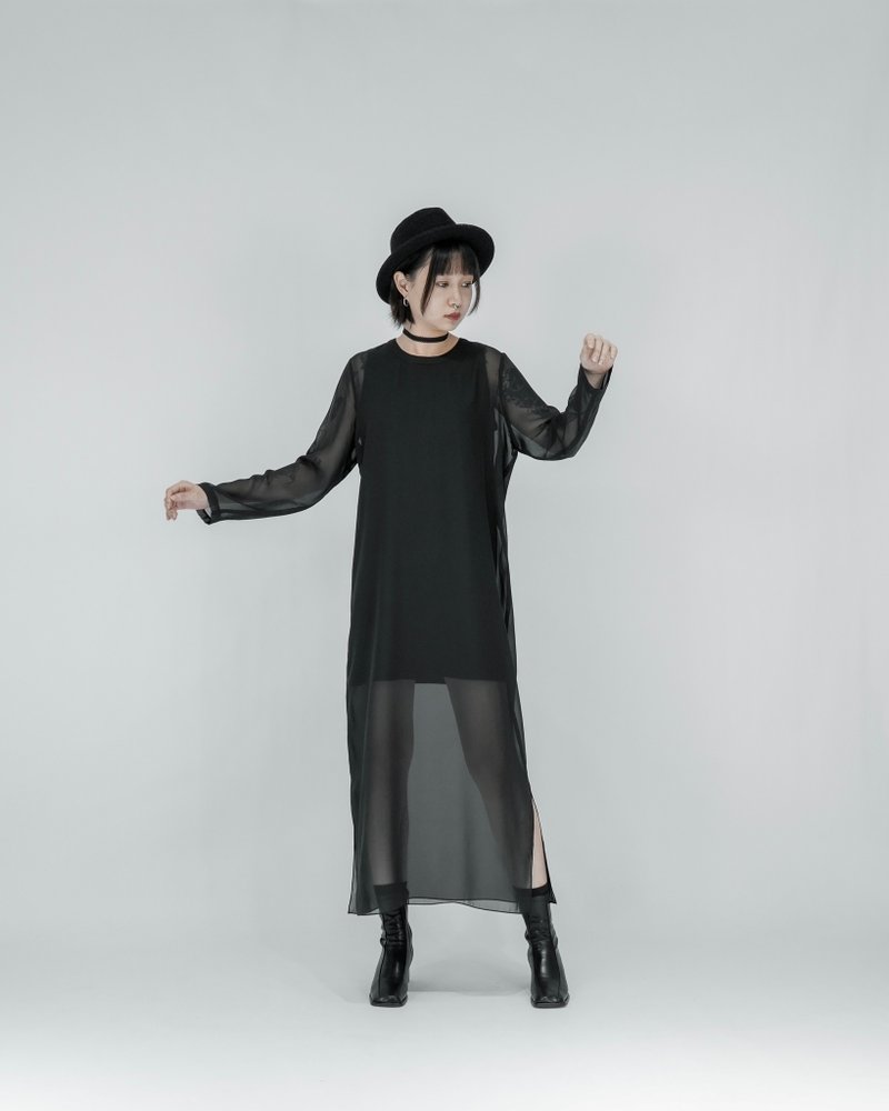 MUKK DESIGN 假两件透视雪纺洋装-短款 - 洋装/连衣裙 - 聚酯纤维 黑色