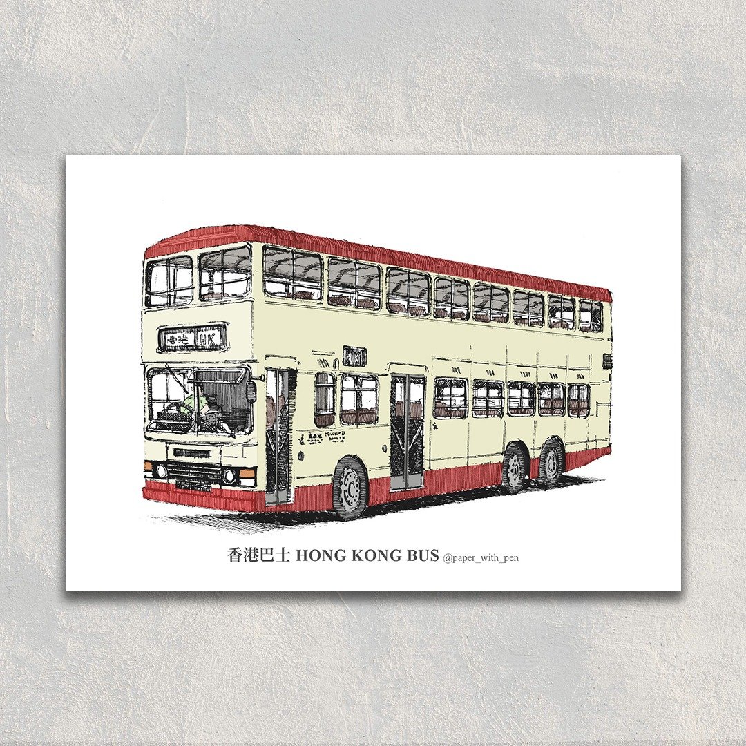 A6 Hong Kong Postcard 香港手绘彩色交通明信片: 香港双层巴士 - 卡片/明信片 - 纸 