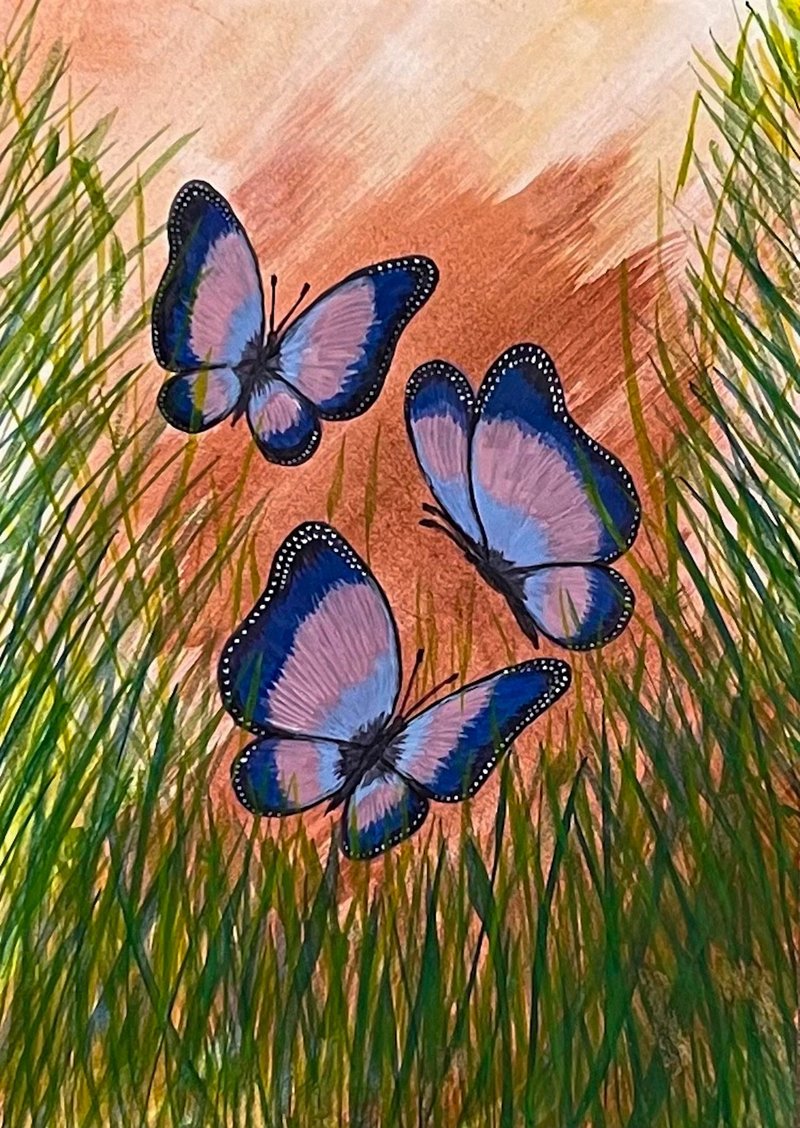 Cheerful dancing butterflies in green grass. Watercolor. - 墙贴/壁贴 - 纸 