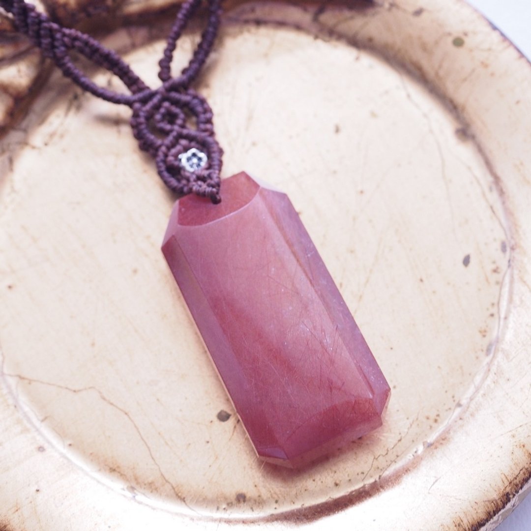 少见大颗红发晶 兔毛水晶 蜡线编织项链 Red Rutile Quartz - 长链 - 水晶 红色