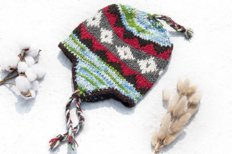 针织纯羊毛帽/手工内刷毛毛帽/针织毛帽/飞行毛帽/毛线帽-蓝绿色 - 帽子 - 羊毛 多色