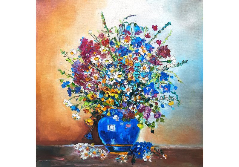 花瓶里的花束绘画原创艺术油画布面油画 30x30 平方米 - 墙贴/壁贴 - 其他材质 蓝色