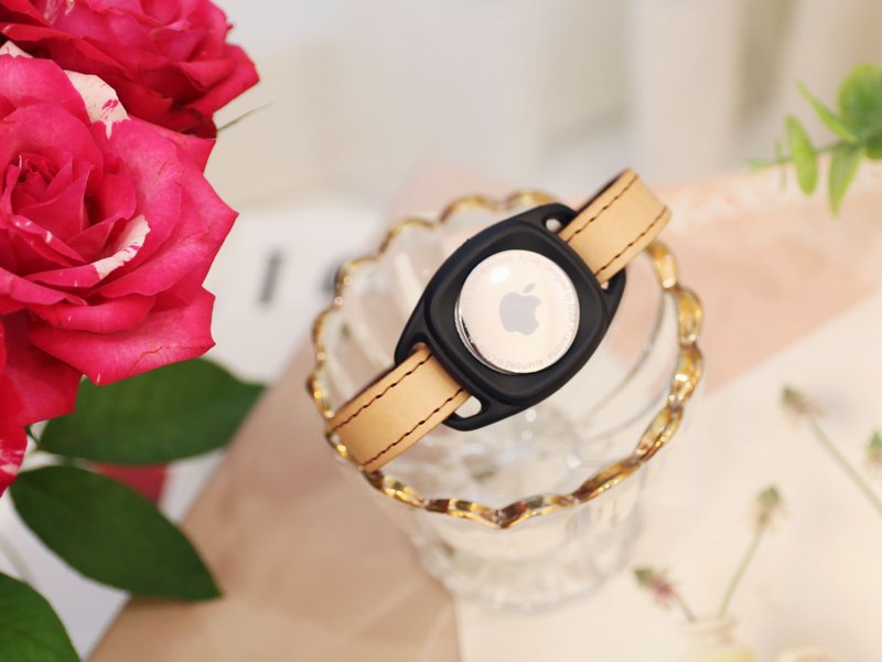 AirTag真皮皮革项圈 - 项圈/牵绳 - 真皮 卡其色