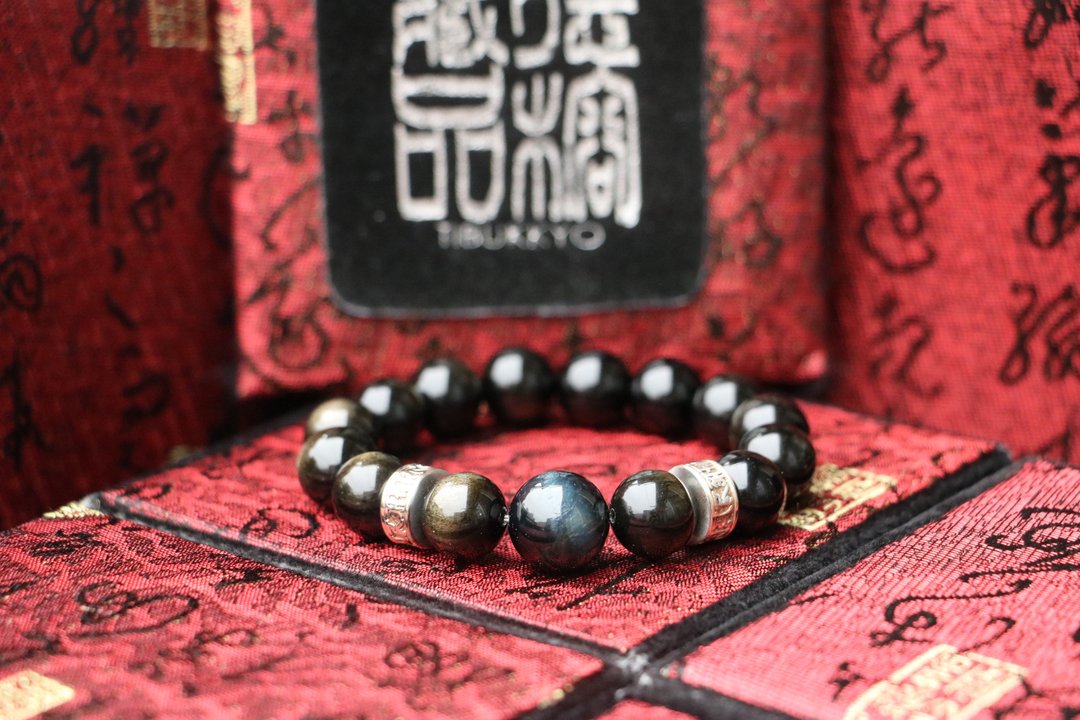 原矿无染色金曜石12mm/蓝虎眼石 手珠型  金曜石 黑曜石 - 手链/手环 - 宝石 