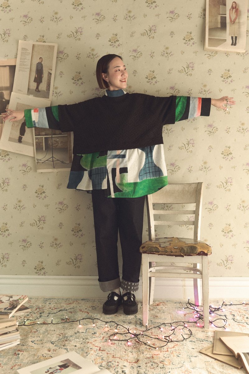 假内搭衬衫大学T - 女装上衣 - 棉．麻 黑色