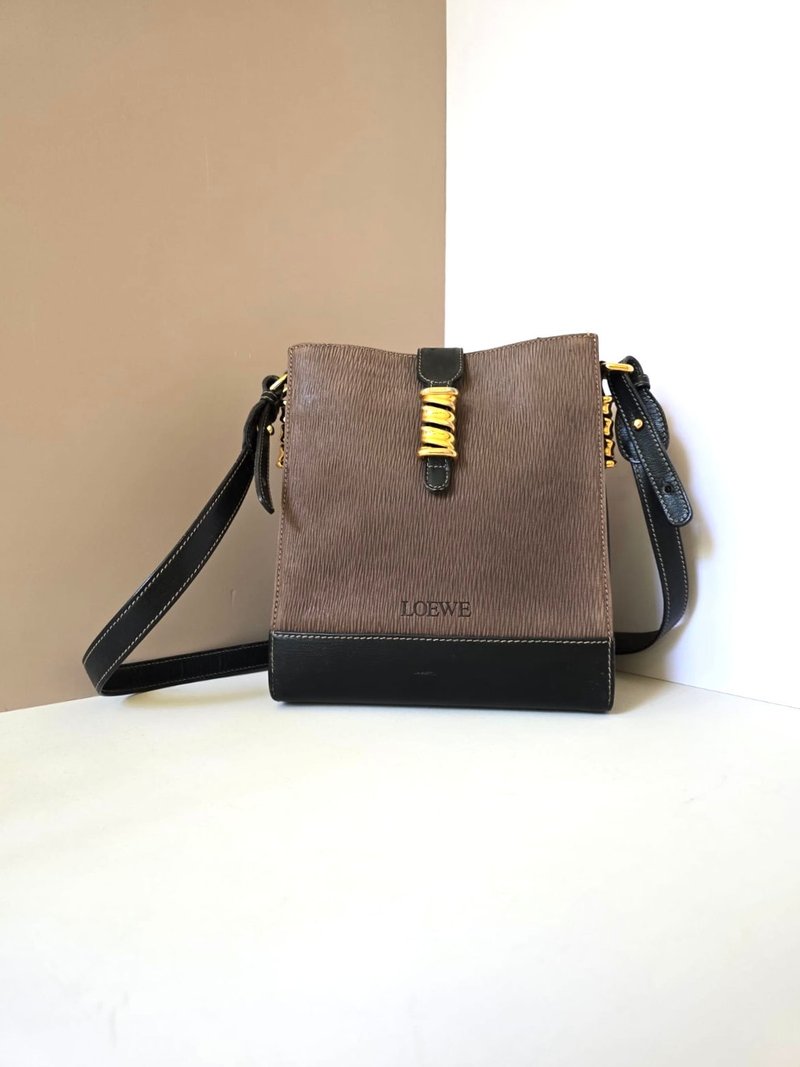 绝版古董包 Loewe拼色蛇骨包侧背包 斜孭包 中古包 皮革包 单肩包 - 侧背包/斜挎包 - 真皮 咖啡色