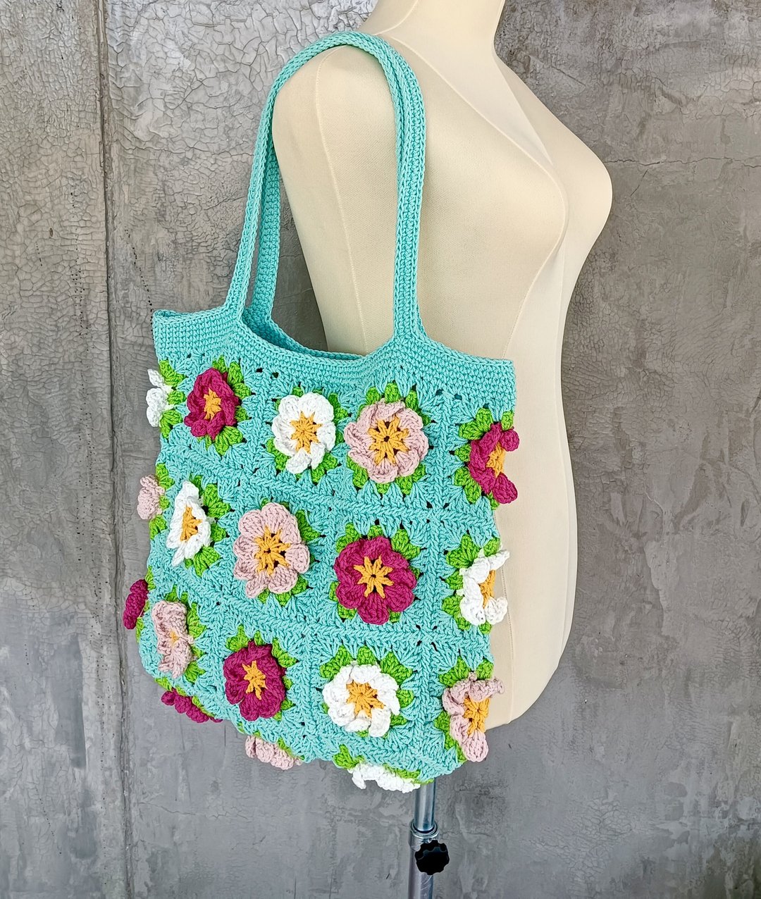 水洗棉绳编织包 Granny Square 花朵造型 - 手提包/手提袋 - 棉．麻 