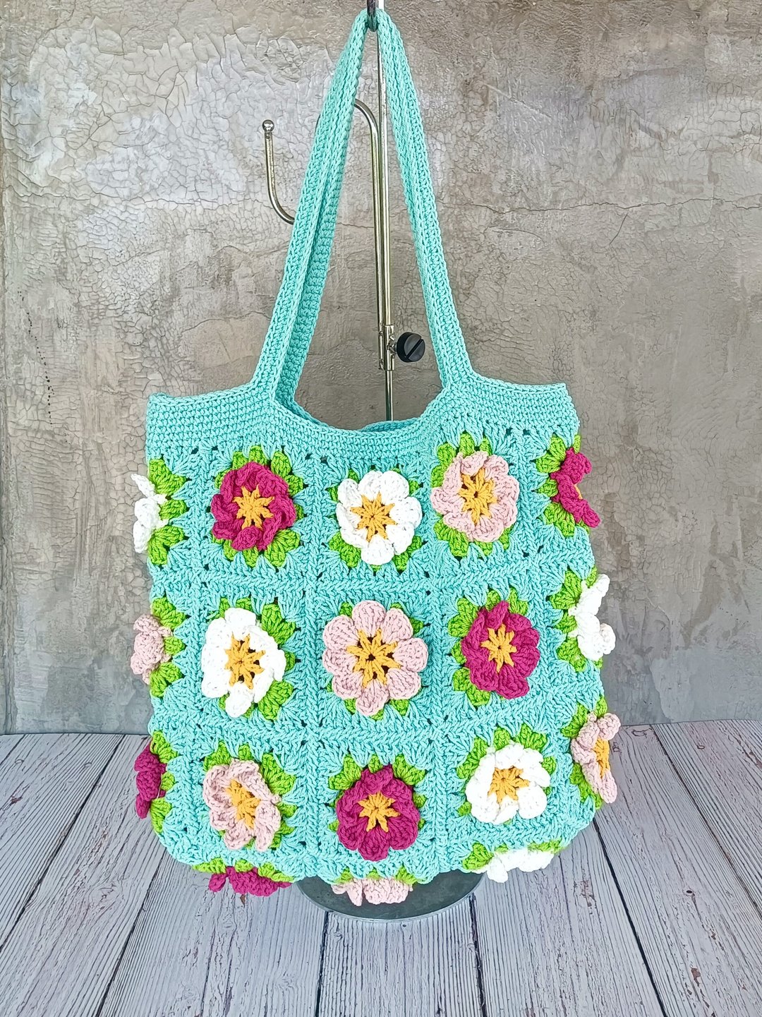 水洗棉绳编织包 Granny Square 花朵造型 - 手提包/手提袋 - 棉 
