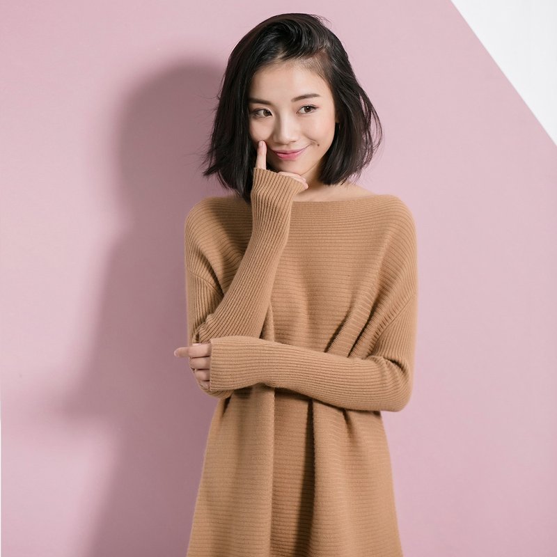 安妮陈2016秋冬新款女装韩版中长款毛衣打底长袖针织连身裙一字领洋装 - 洋装/连衣裙 - 棉．麻 咖啡色