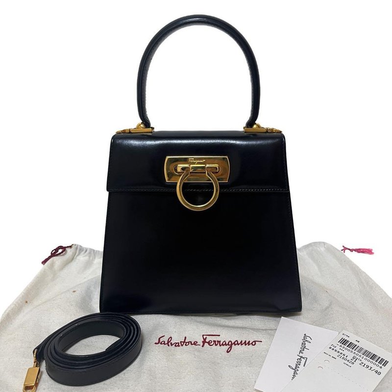 Salvatore Ferragamo Gancini 2way 手提包皮革黑金AQ-212193 - 手提包/手提袋 - 真皮 黑色