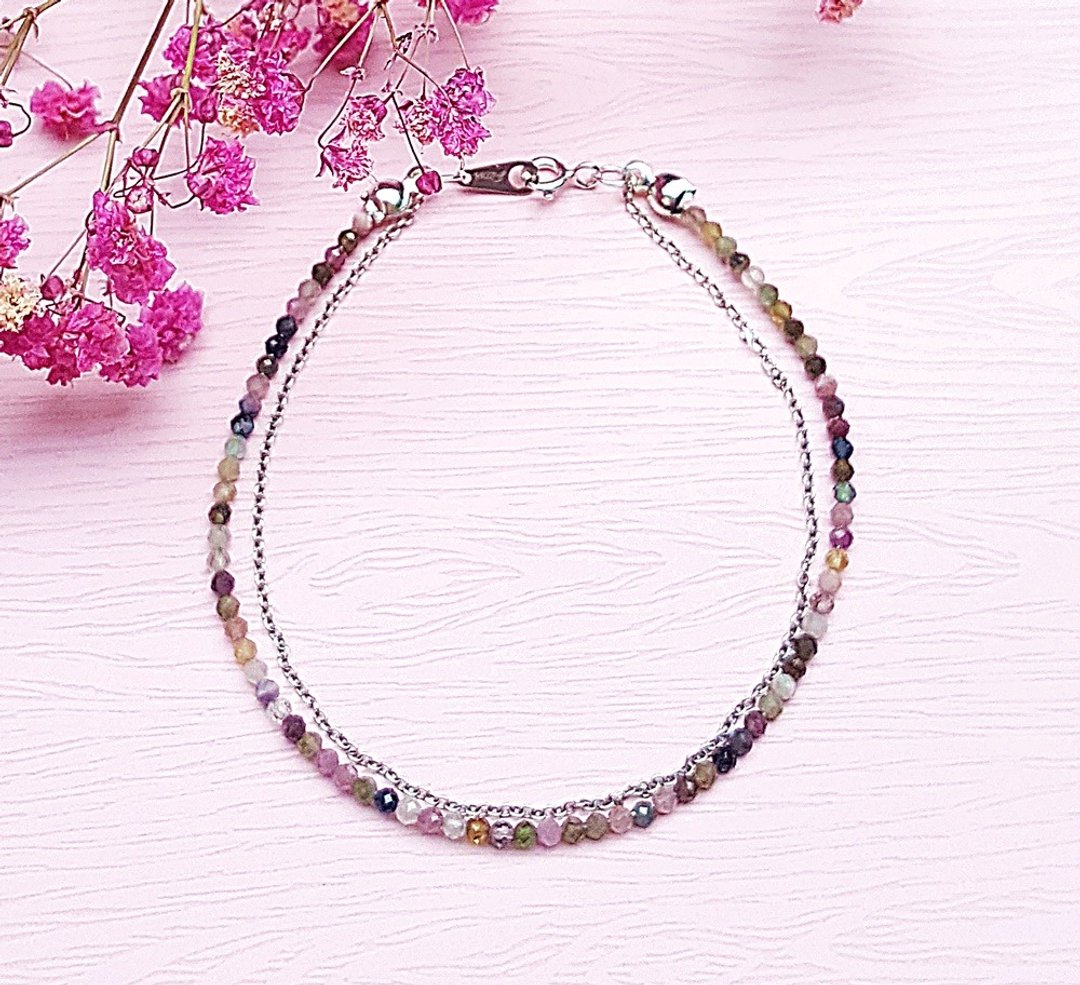<10月诞生石-碧玺 Tourmaline>碧玺 925纯银双层细致手链 定制化  - 手链/手环 - 宝石 多色