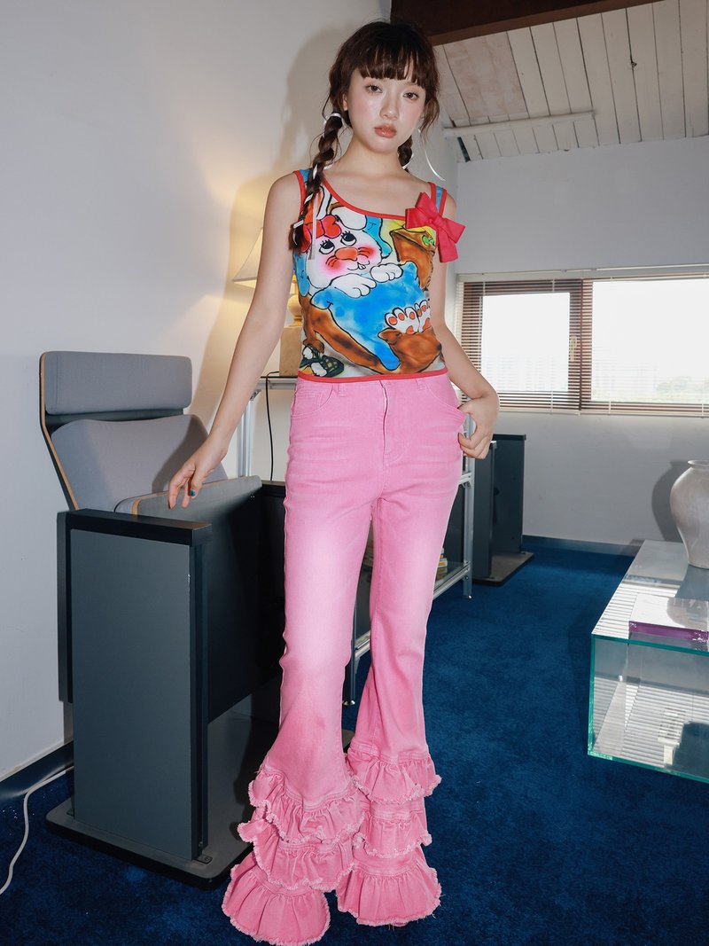 粉色花边喇叭裤  童趣可爱  复古少女 - 女装长裤 - 其他材质 粉红色