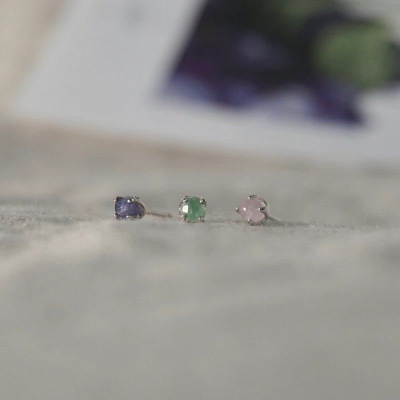 ll 三色耳针 - 花季系 ll 3mm 紫锂辉 坦桑石 祖母绿 耳环耳针 - 耳环/耳夹 - 纯银 多色