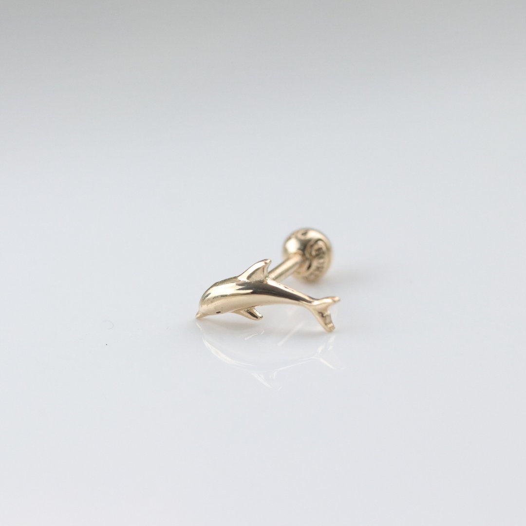 14K 金海豚锁珠耳环 (单个)耳骨 耳窝 不退色 - 耳环/耳夹 - 贵金属 金色