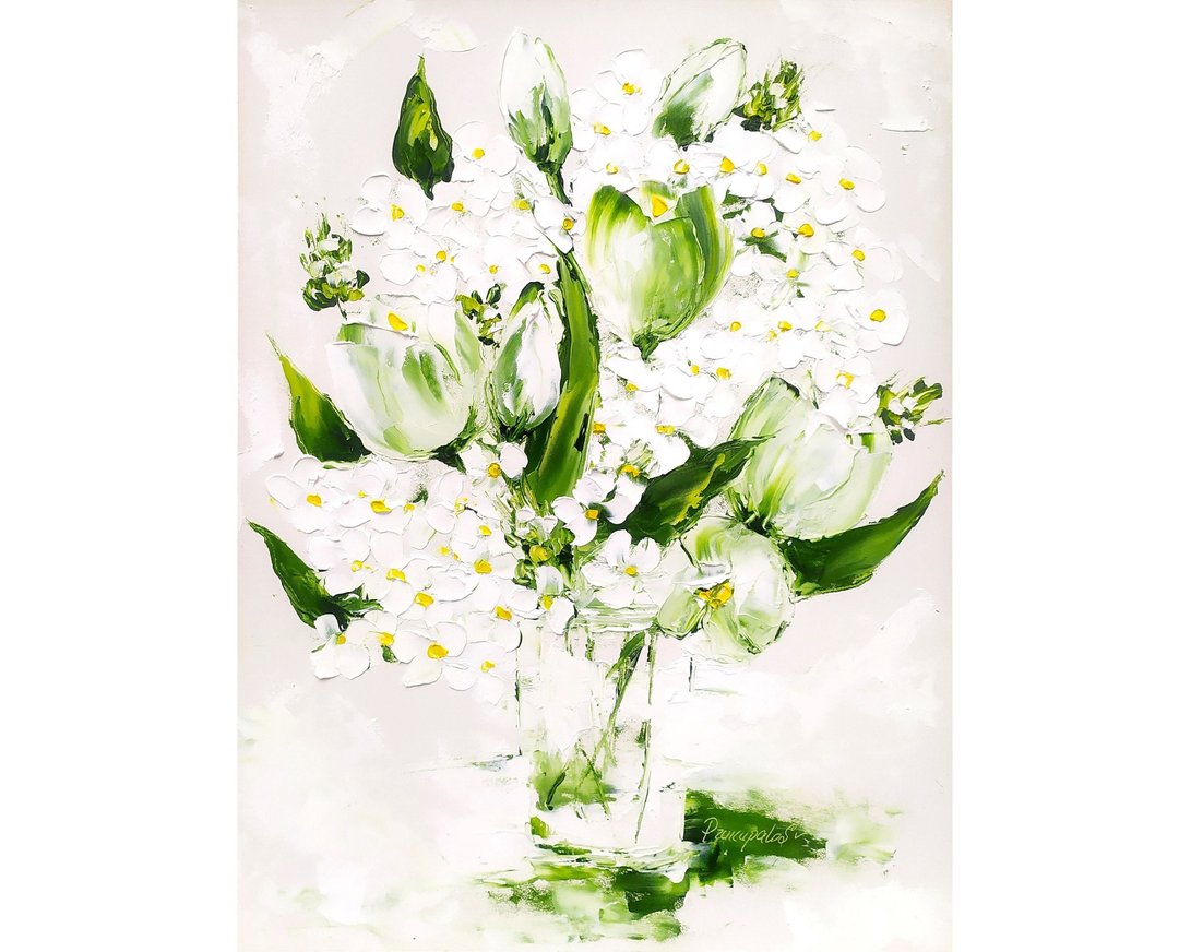 Abstract Floral Painting White Hydrangea in Vase 16 x 12 - 墙贴/壁贴 - 其他材质 白色