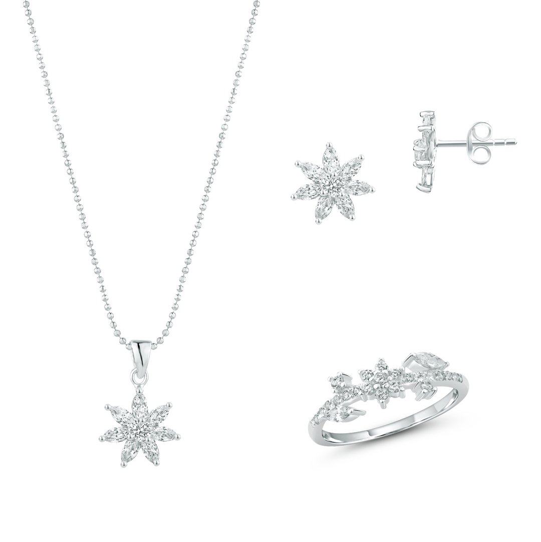 Set 925 Silver CZ Diamond Olive Leaf Ring, Necklace, Earring - 戒指 - 纯银 银色