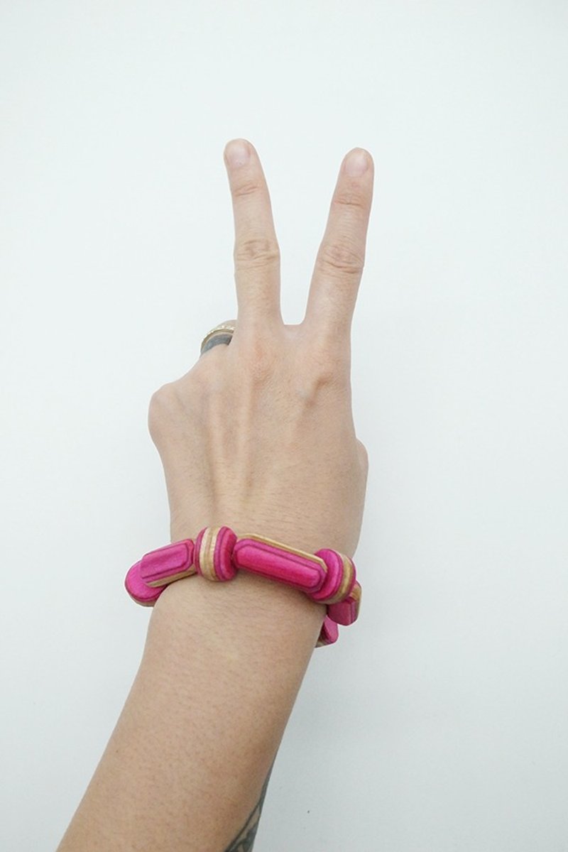 回收滑板串珠手链-5圆盘（弹性绳）(桃红） - 手链/手环 - 木头 粉红色