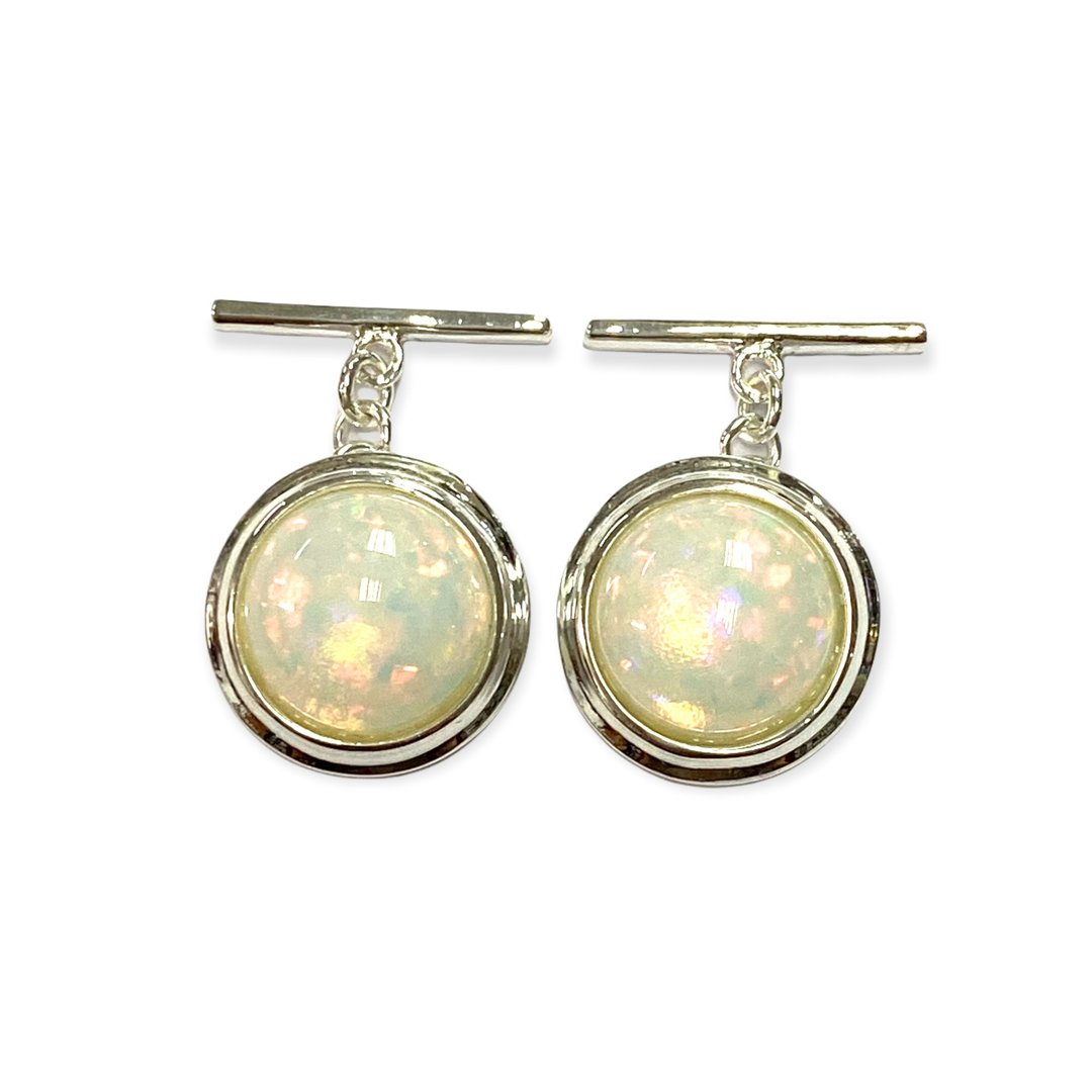 Round White Fire Opal Wedding Cufflinks For Groom 925 Sterling Silver - 袖扣 - 纯银 白色
