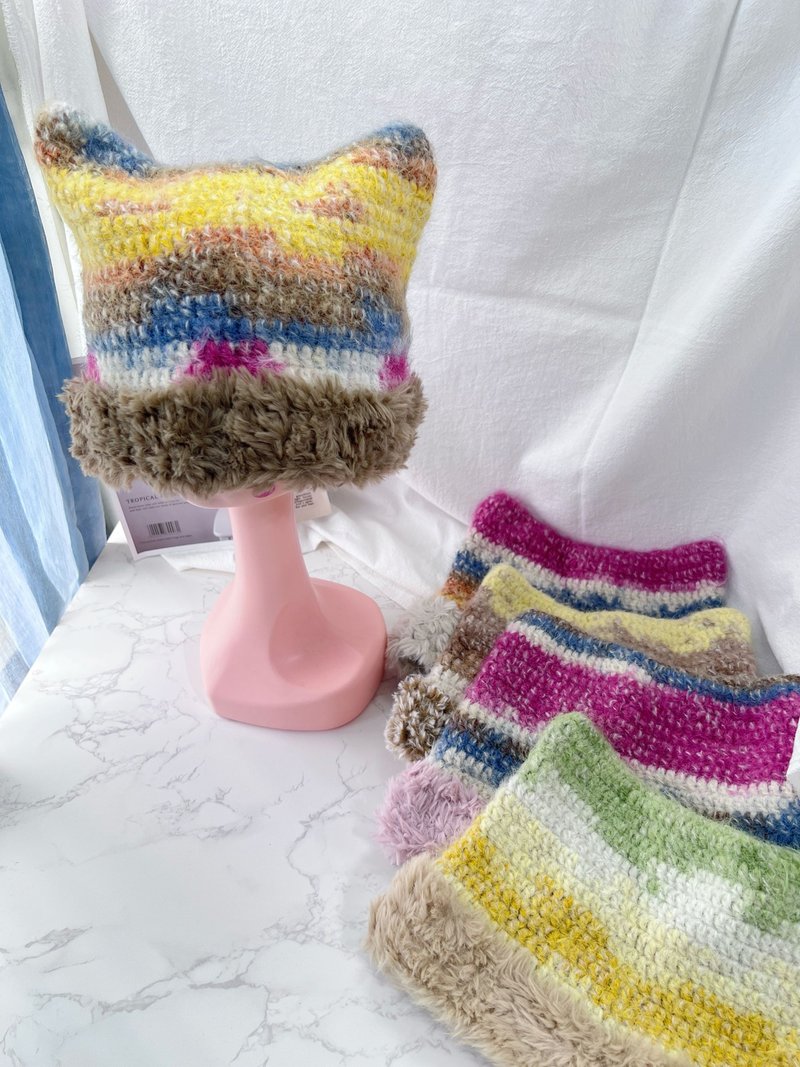 【兔贝儿】秋冬百搭可爱款猫咪毛帽手工编织/毛线皮草帽 - 帽子 - 羊毛 白色