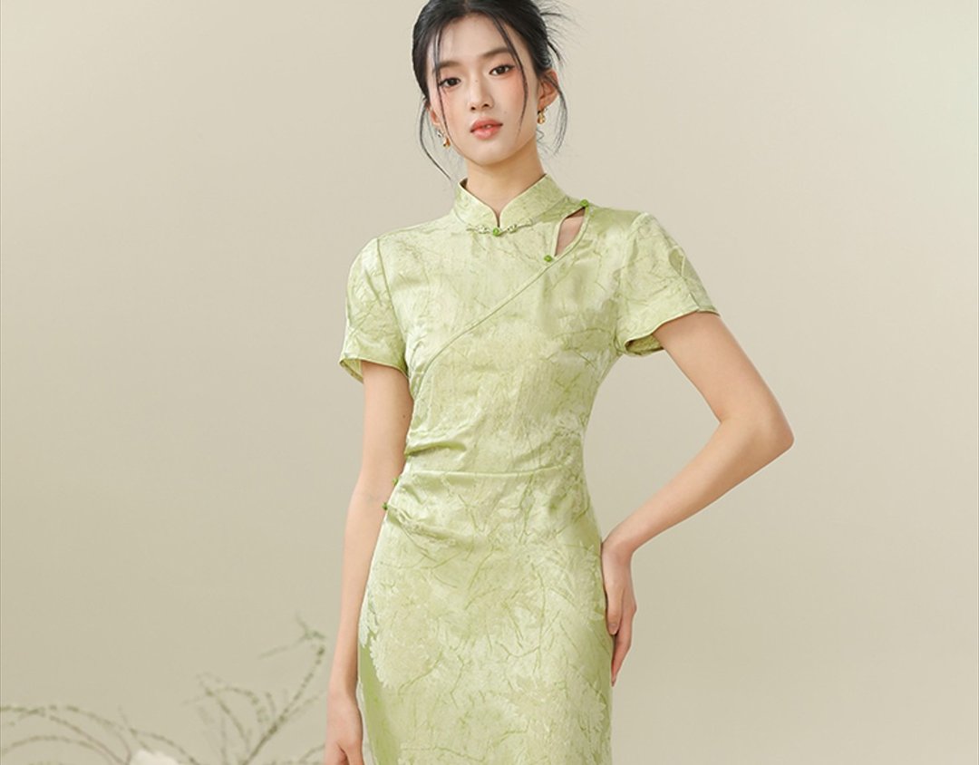 【果绿】新中式复古中国风 提花镂空旗袍 - 洋装/连衣裙 - 其他材质 绿色
