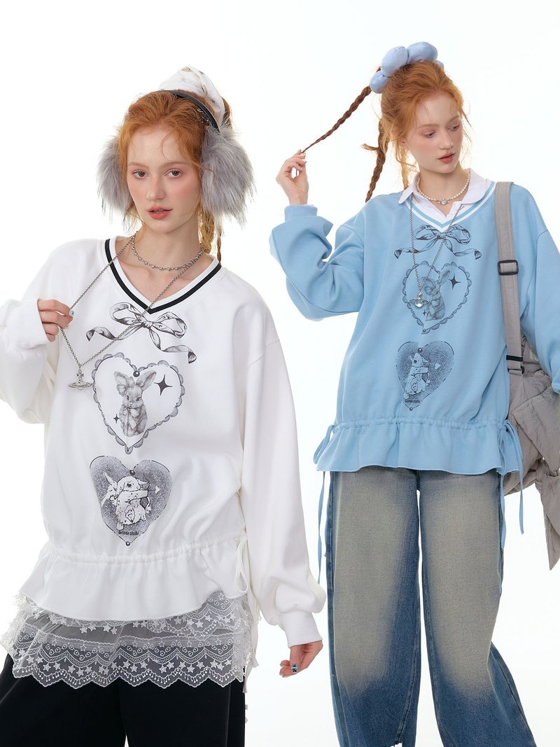 ziziFei秋冬季美式复古设计感下摆抽绳宽松显瘦兔子印花v领卫衣女 - 女装上衣 - 其他材质 