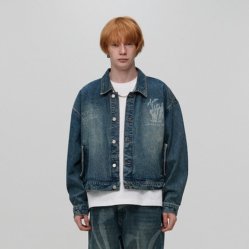 MOKACME 23FW 秋冬激光烧花牛仔夹克短款外套clean fit - 男装外套 - 棉．麻 蓝色