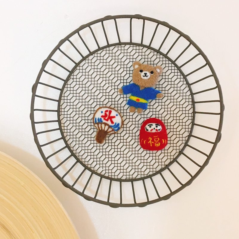 羊毛毡三件组 浴衣熊/福神/扇子 别针 磁铁 - 胸针 - 羊毛 红色