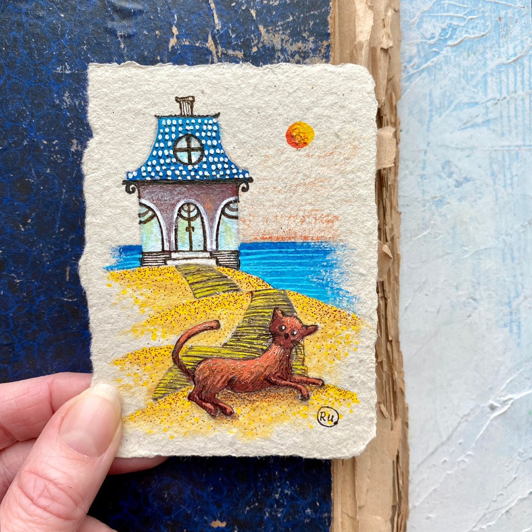 Funky cat painting Tiny Original art Small artwork on recycled paper by Rubinova - 海报/装饰画/版画 - 纸 多色