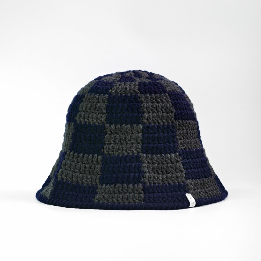 cloche-checker 钟形帽-深蓝灰棋盘格 - 帽子 - 棉．麻 蓝色