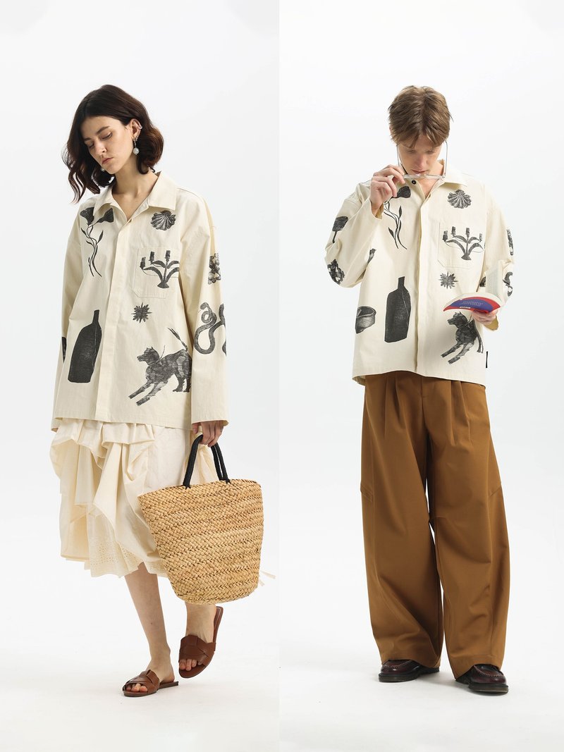 【古早手绘】春夏印花隐藏纽扣棉麻混纺慵懒衬衫长袖Unvesno(UN) - 男装衬衫 - 其他材质 