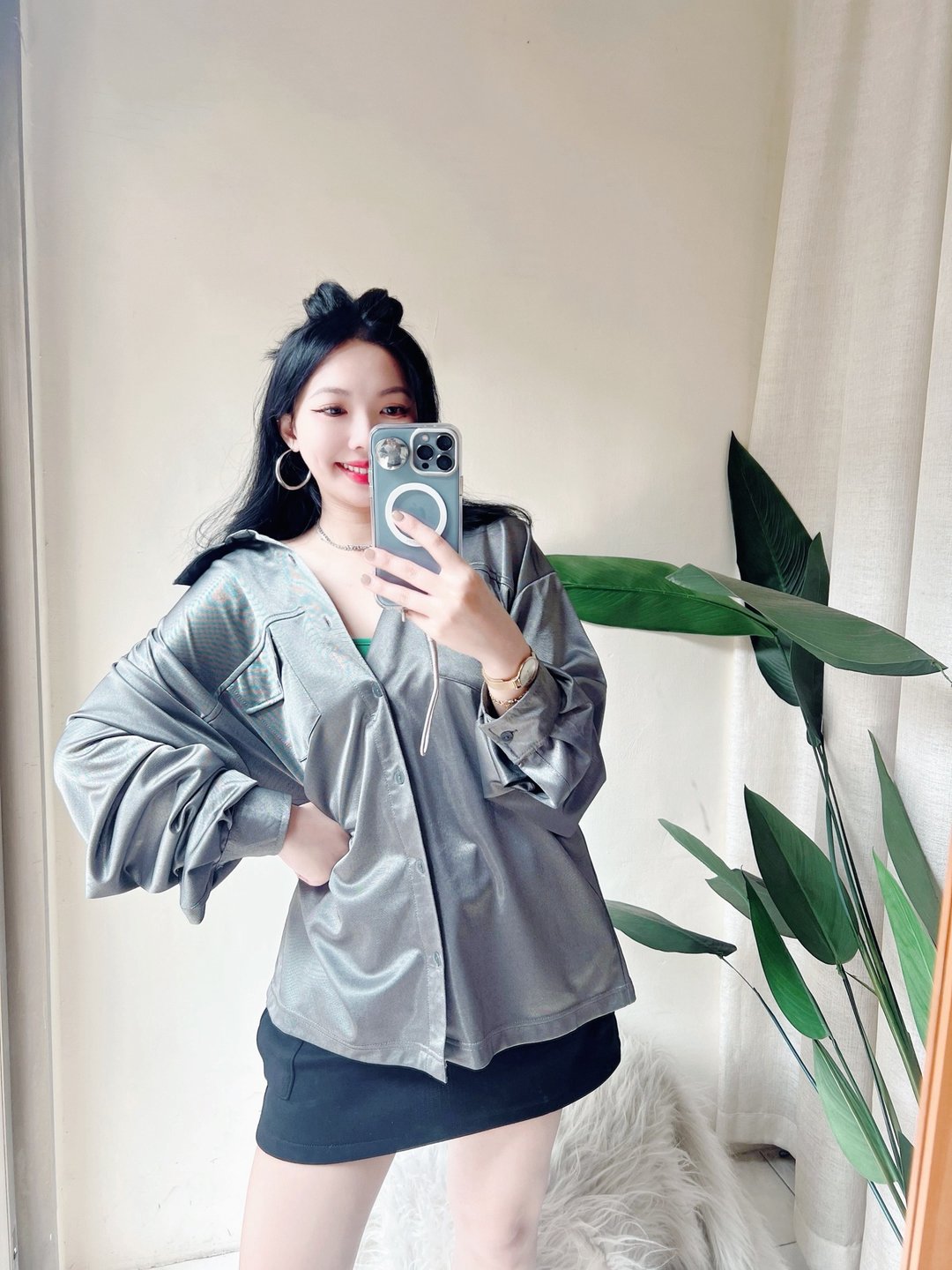 金属铁灰双口袋 古着丝滑亮面光感衬衫上衣 罩衫 vintage Shirt - 女装衬衫 - 丝．绢 灰色