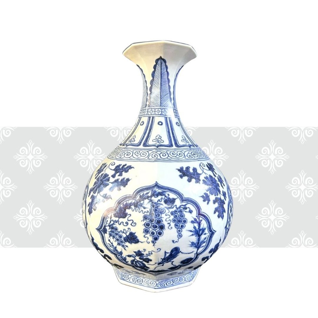 青花开光花果草虫纹八棱式玉壶春瓶 - 花瓶/陶器 - 瓷 白色