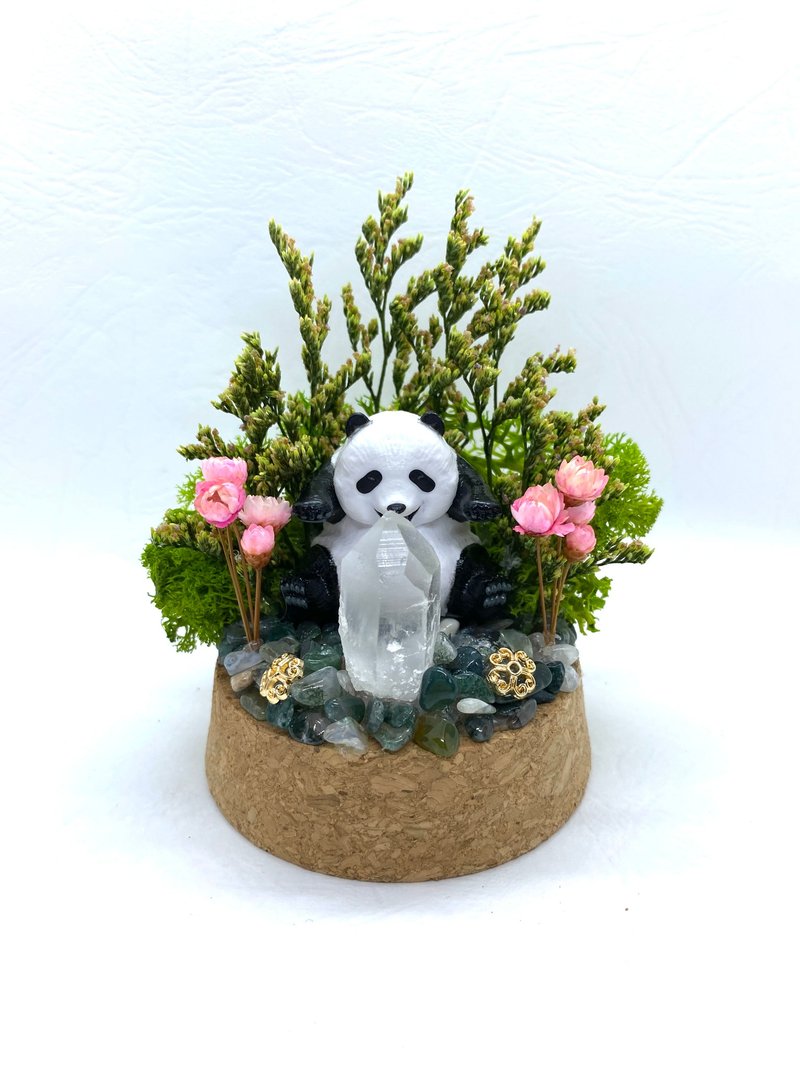 草绿树林。猫熊与白水晶-手工玻璃罩公仔/水晶/干燥花摆设 - 摆饰 - 水晶 