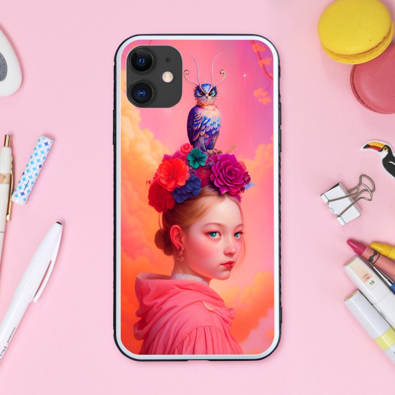 梦幻可爱珊瑚粉童话女孩与花朵猫头鹰 手机壳【强化玻璃处理】支持 iPhone16 - 手机壳/手机套 - 塑料 多色